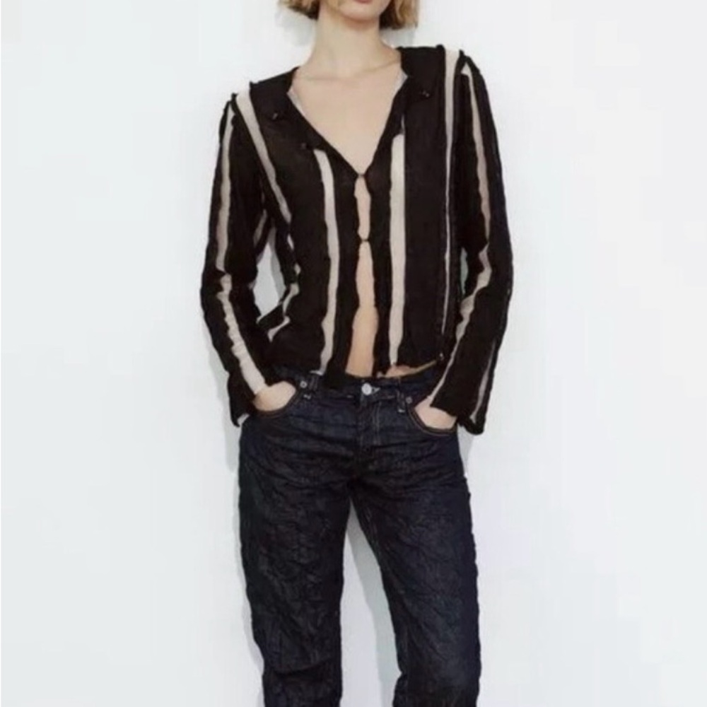 Zara Black and Cream Striped Blouse, size Small